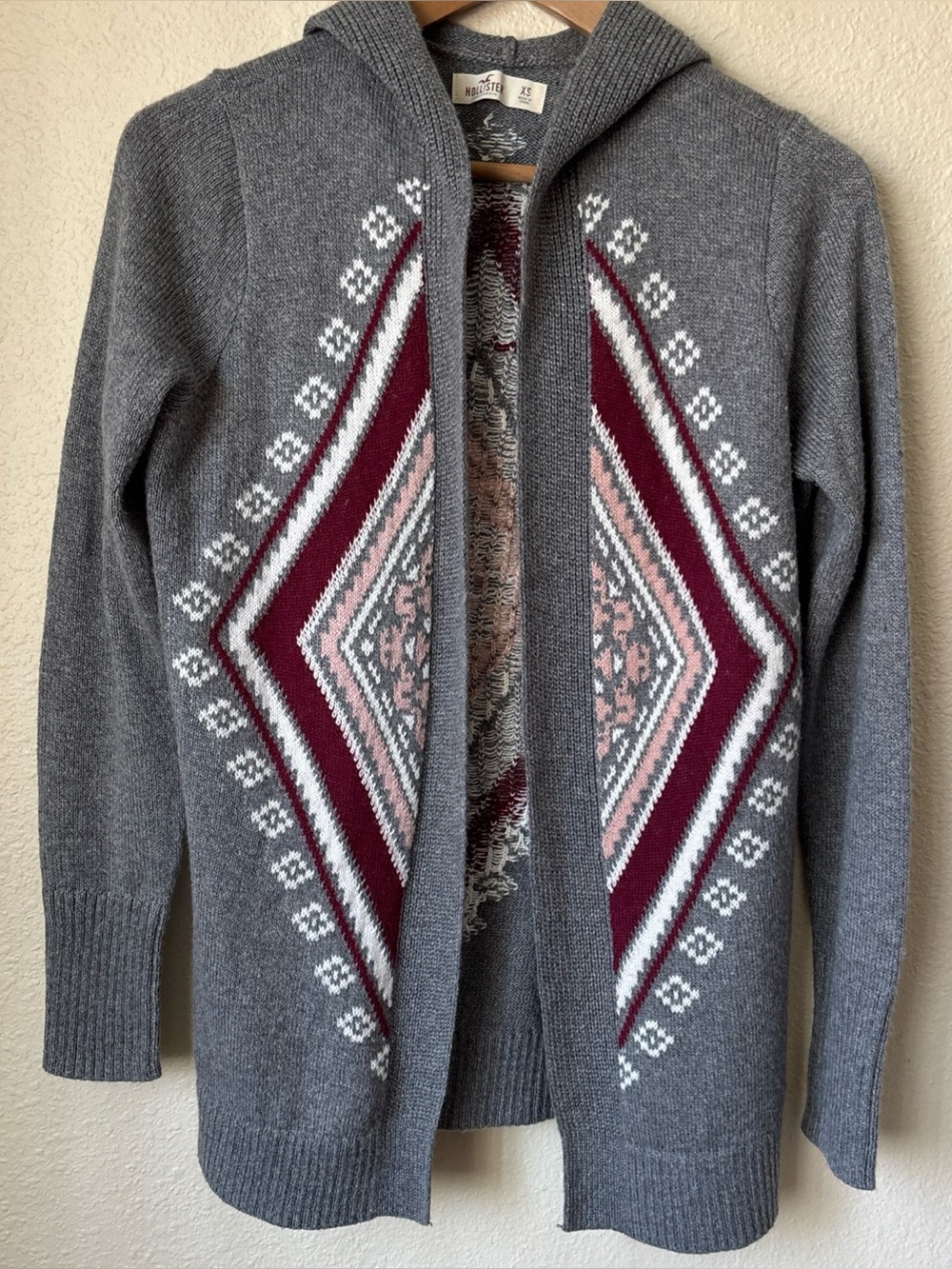 Hollister Gray Hooded Cardigan with Burgundy and Pink Fair Isle Panels